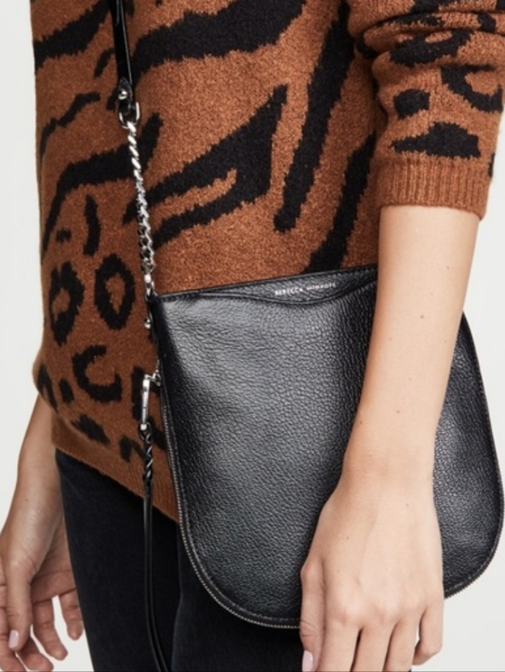 Rebecca Minkoff Black Leather Crossbody Saddle Bag with Chain Detail - Picture 4 of 15
